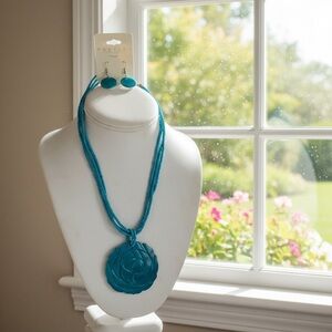 Mar Y Sol Turquoise Beaded Necklace with Floral Pendant and Matching Earrings